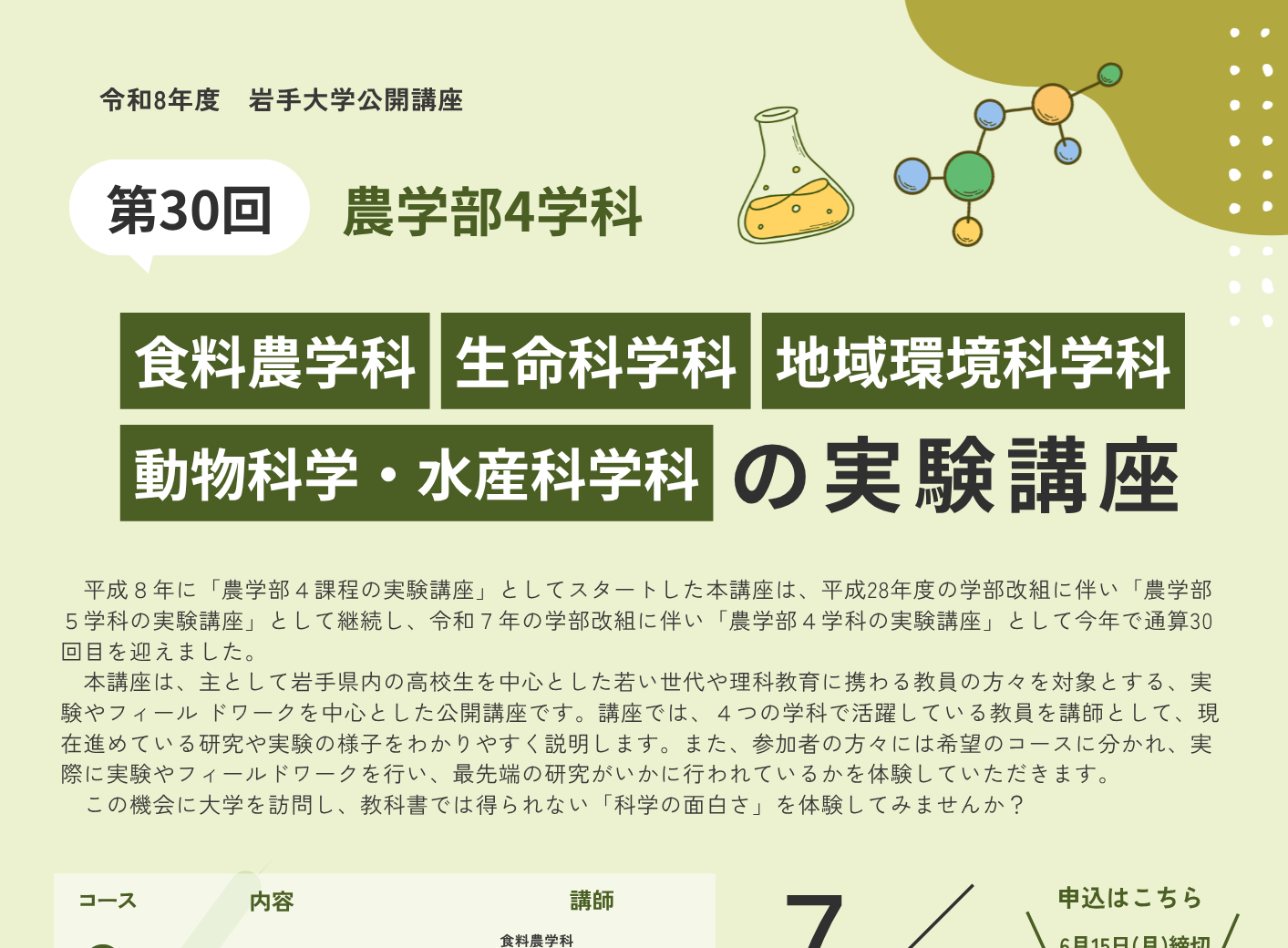 第30回 農学部４学科「食料農学科」「生命科学科」「地域環境科学科」「動物科学・水産科学科」の実験講座　受講生募集のお知らせ